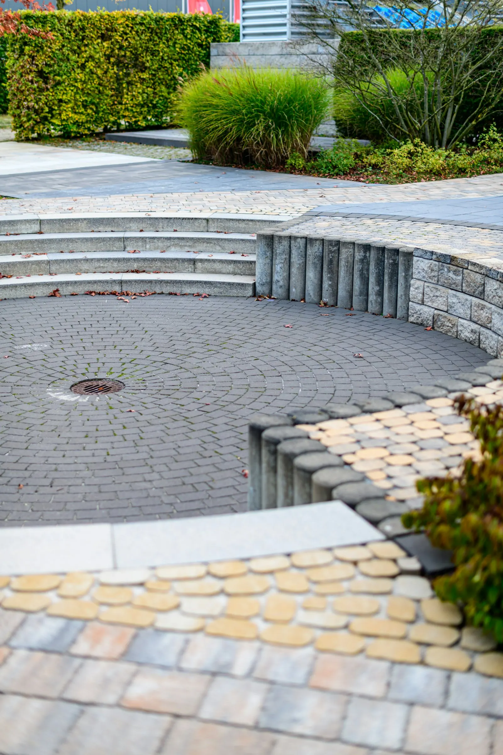 Curved paver seating area built into a planted backyard, post-build-out.
